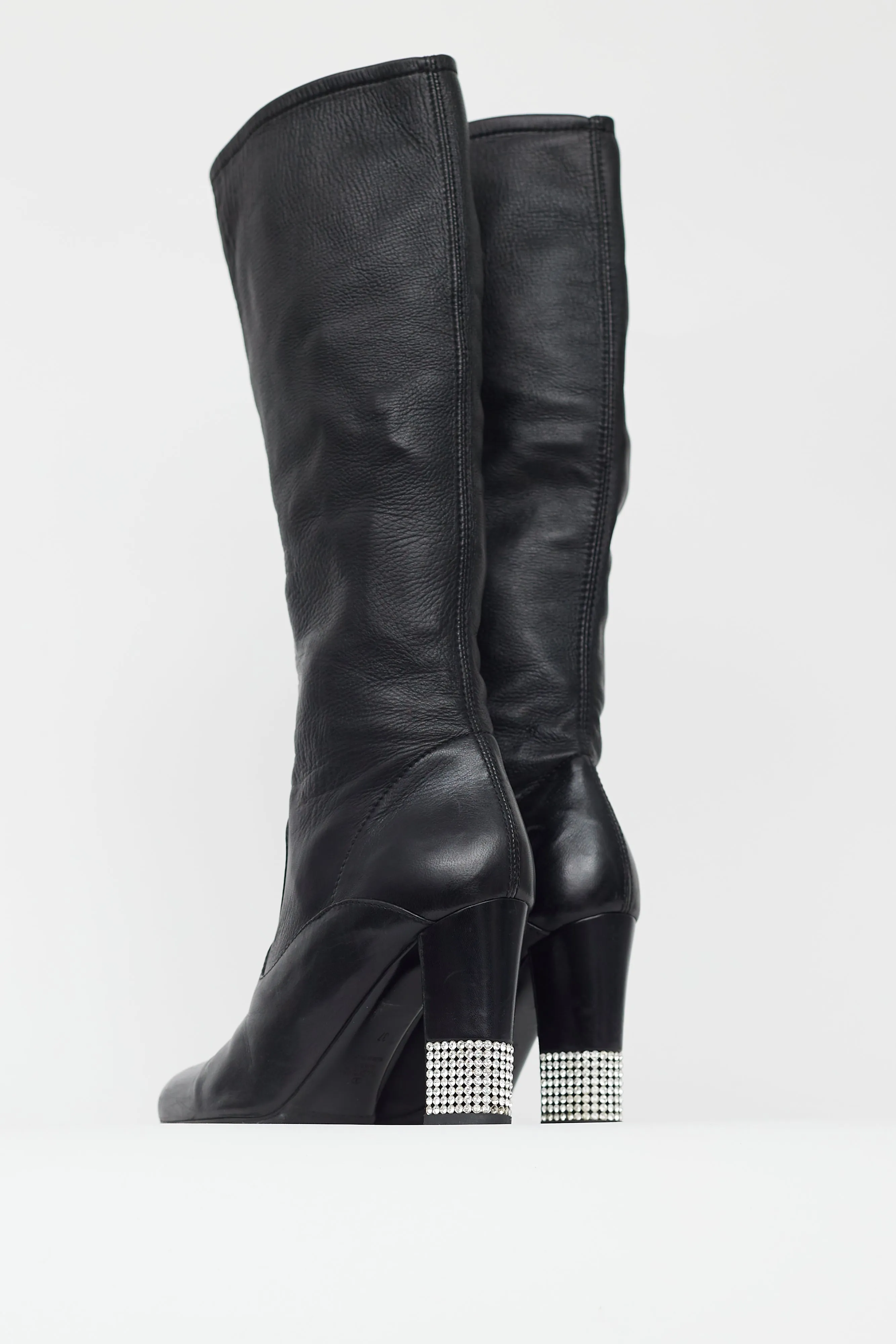 Black Leather Crystal Heel Boot