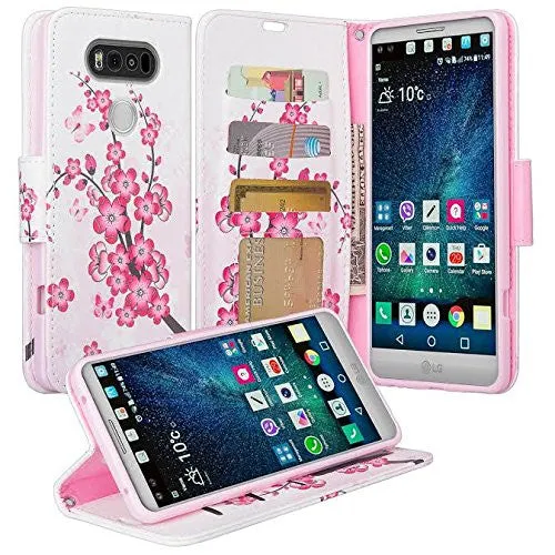 LG V20 Case, Wrist Strap Pu Leather Wallet Case with ID & Card Slots for LG V20 - Cherry Blossom