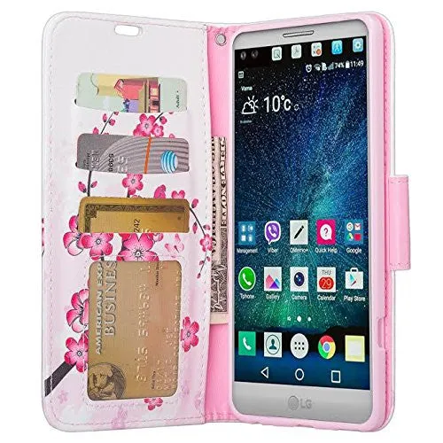 LG V20 Case, Wrist Strap Pu Leather Wallet Case with ID & Card Slots for LG V20 - Cherry Blossom