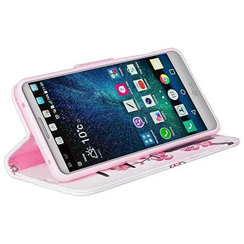 LG V20 Case, Wrist Strap Pu Leather Wallet Case with ID & Card Slots for LG V20 - Cherry Blossom