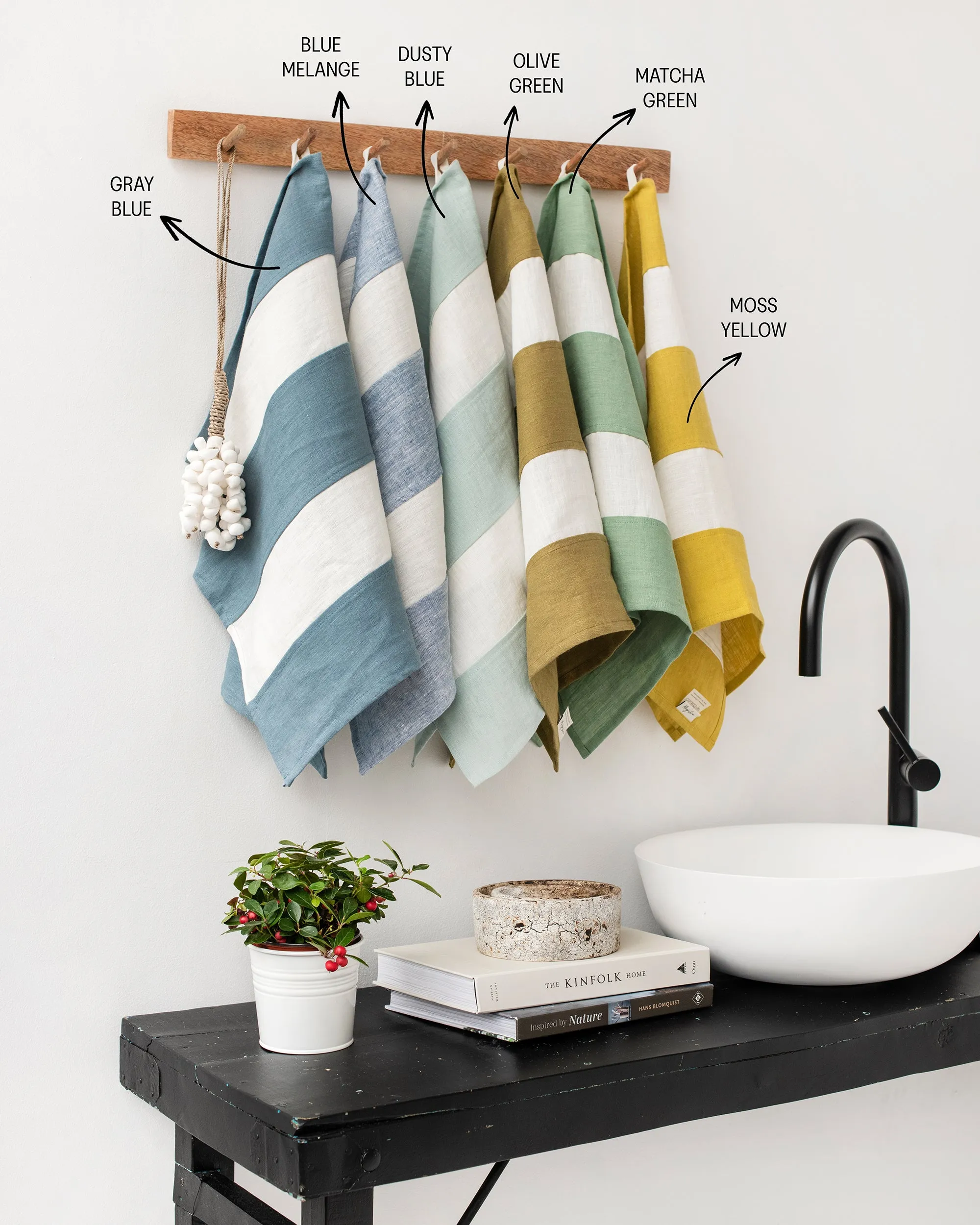 Zero-waste striped linen tea towel in Olive green